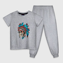 Пижама хлопковая детская Череп Индейца с перьями, цвет: меланж