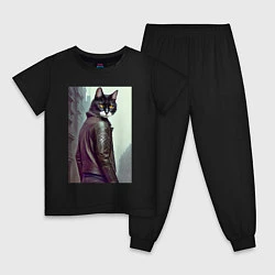 Пижама хлопковая детская Модный котяра - Лондон - нейросеть, цвет: черный