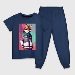 Пижама хлопковая детская Крутой лис в модной куртке - нейросеть, цвет: тёмно-синий