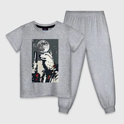 Пижама хлопковая детская Волк на фоне луны - мегаполис - нейросеть, цвет: меланж