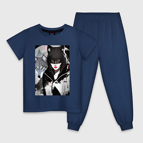 Детская пижама Девушка и волк - нейросеть - фантазия / Тёмно-синий – фото 1