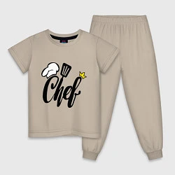 Пижама хлопковая детская Надпись - шеф повар, цвет: миндальный