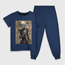 Пижама хлопковая детская Девушка скелет в цветах, цвет: тёмно-синий