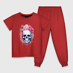 Пижама хлопковая детская Череп и розы акварелью, цвет: красный