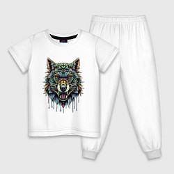 Пижама хлопковая детская Разноцветная голова волка, цвет: белый
