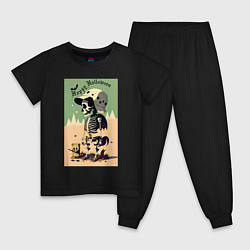 Пижама хлопковая детская Прикольный скелетик - хэллоуин - нейросеть, цвет: черный
