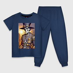 Пижама хлопковая детская Модный скелет в шляпе - стимпанк - нейросеть, цвет: тёмно-синий