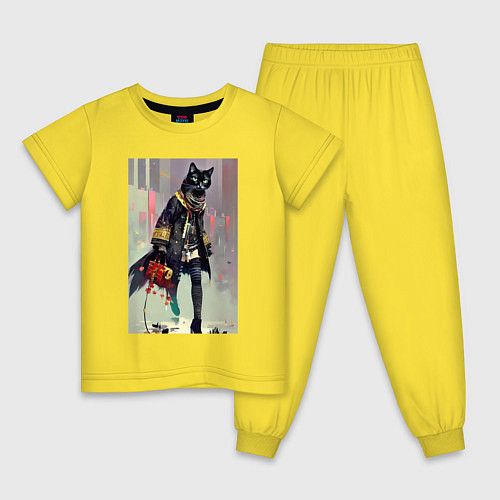 Детская пижама Чёрная кисуля - городская модница - живопись / Желтый – фото 1