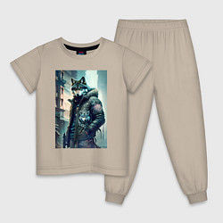 Пижама хлопковая детская Cool wolf - cyberpunk, цвет: миндальный