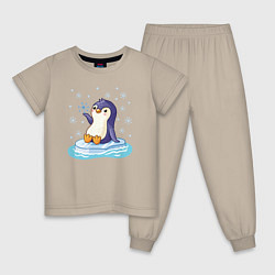 Пижама хлопковая детская Пингвин на льдине, цвет: миндальный