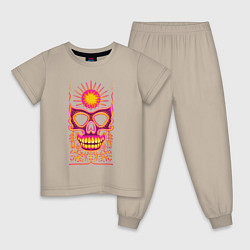 Пижама хлопковая детская Яркая черепушка с солнцем, цвет: миндальный