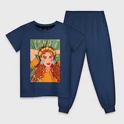 Пижама хлопковая детская Рыжеволосая девушка с полевыми цветами, цвет: тёмно-синий