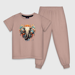 Пижама хлопковая детская Слон в цветах - хиппи арт принт, цвет: пыльно-розовый