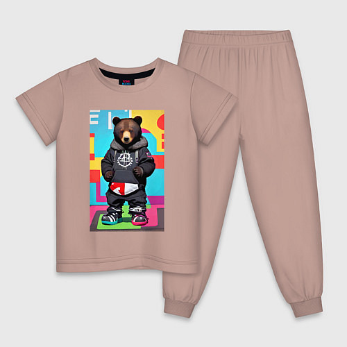 Детская пижама Прикольный мишутка - поп-арт - нейросеть / Пыльно-розовый – фото 1