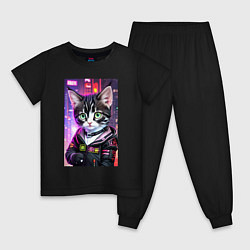 Пижама хлопковая детская Глазастый городской котёнок, цвет: черный