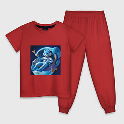 Пижама хлопковая детская Голубой котик космонавт с коктейлем, цвет: красный