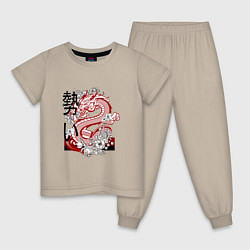 Пижама хлопковая детская Татуировка с японским иероглифом и драконом, цвет: миндальный