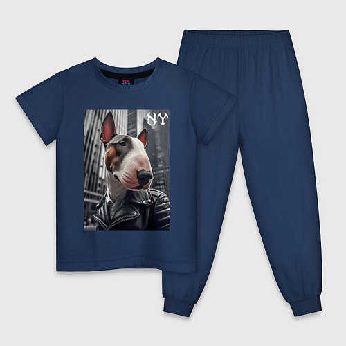 Детская пижама Dude bull terrier in New York - ai art / Тёмно-синий – фото 1