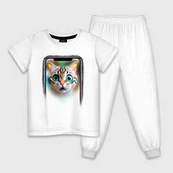 Пижама хлопковая детская Кот в смартфоне, цвет: белый