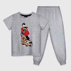 Пижама хлопковая детская Дама с красным поясом и красным веером, цвет: меланж