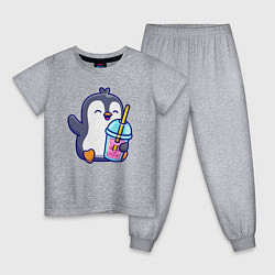 Пижама хлопковая детская Пингвин с напитком, цвет: меланж