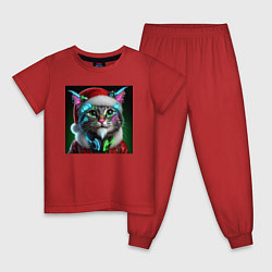 Пижама хлопковая детская Новогодний кибер котик - нейросеть, цвет: красный
