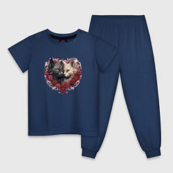 Пижама хлопковая детская Пара котов - День Валентина, цвет: тёмно-синий