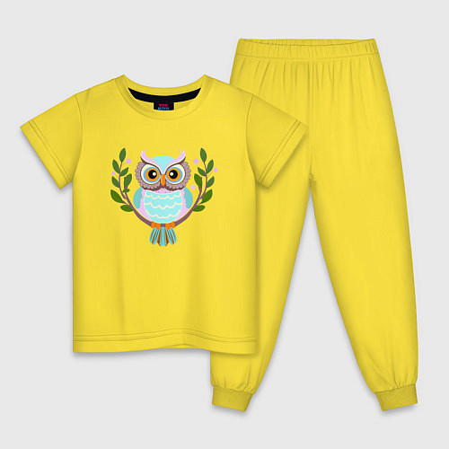 Детская пижама Сова яркая птица на ветке с листьями / Желтый – фото 1