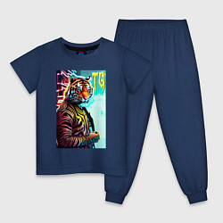 Пижама хлопковая детская Модный тигр - неон, цвет: тёмно-синий
