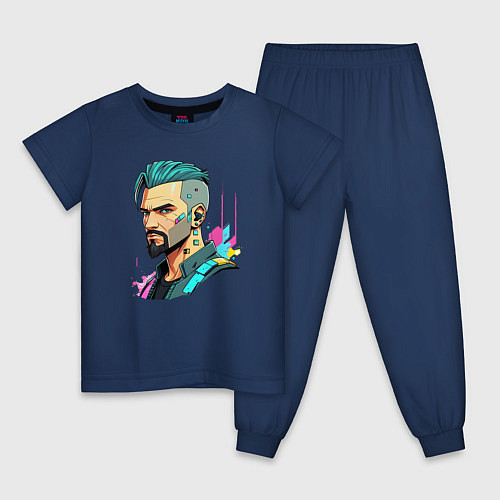 Детская пижама Портрет мужчины с бородой Cyberpunk 2077 / Тёмно-синий – фото 1