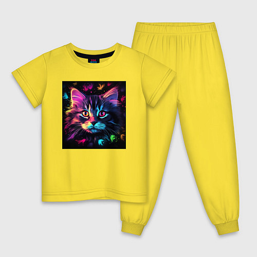 Детская пижама Неоновый котэ в цветах на черном фоне / Желтый – фото 1