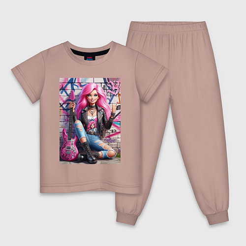 Детская пижама Барби панк гитарист - нейросеть / Пыльно-розовый – фото 1