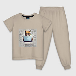 Пижама хлопковая детская Кот программист за ноутбуком, цвет: миндальный