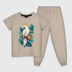 Пижама хлопковая детская Попугай какаду и тропические листья, цвет: миндальный