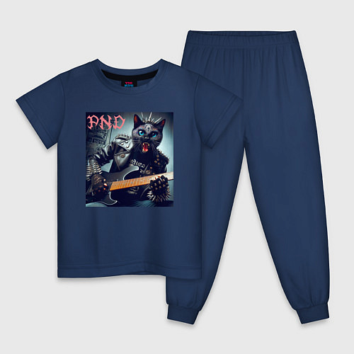 Детская пижама Чёрный котяра - панк гитарист / Тёмно-синий – фото 1