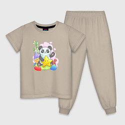 Пижама хлопковая детская Панда со звездой, цвет: миндальный