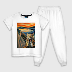 Пижама хлопковая детская Леопард кричит - мем картина от нейросети, цвет: белый