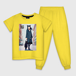 Пижама хлопковая детская Девочка с кошкой в городе - нейросеть, цвет: желтый