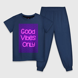 Пижама хлопковая детская Неоновая надпись good vibes only и кирпичная стена, цвет: тёмно-синий