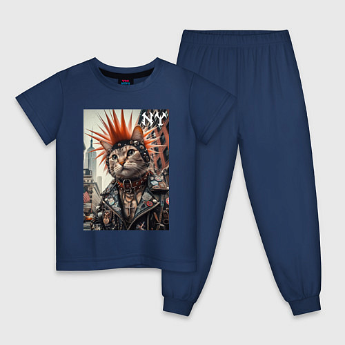 Детская пижама Котяра панк из Нью-Йорка - нейросеть / Тёмно-синий – фото 1