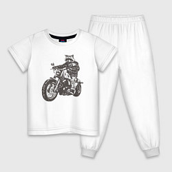 Пижама хлопковая детская Енот байкер на мотоцикле чоппере, цвет: белый