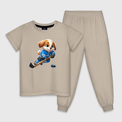 Пижама хлопковая детская Щенок хоккейный форвард - нейроарт, цвет: миндальный