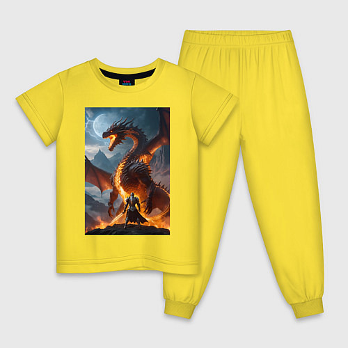 Детская пижама Сражение рыцаря с драконом в стиле Demons Souls / Желтый – фото 1