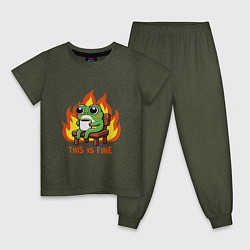 Пижама хлопковая детская Frog - this is fine, цвет: меланж-хаки