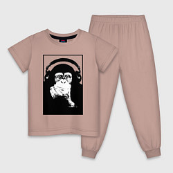 Пижама хлопковая детская Monkey in the headphones, цвет: пыльно-розовый