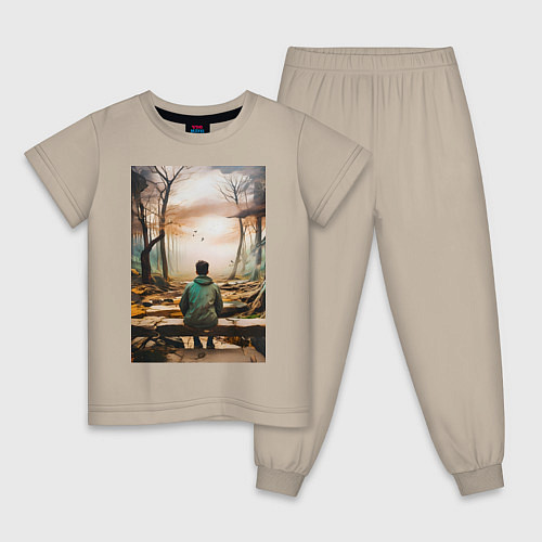 Детская пижама Мальчик на скамейке / Миндальный – фото 1