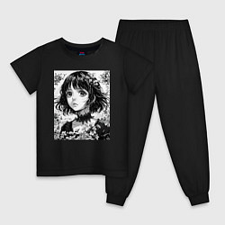 Пижама хлопковая детская Аниме девушка портрет черно-белый, цвет: черный
