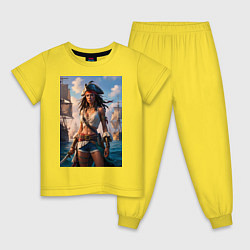 Пижама хлопковая детская Пиратка на фона флотилии кораблей, цвет: желтый
