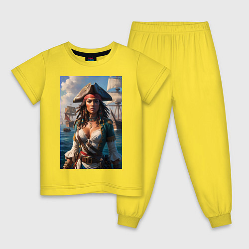 Детская пижама Пиратка на фона флотилии кораблей / Желтый – фото 1