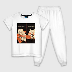Пижама хлопковая детская Work hard rest hard cat, цвет: белый
